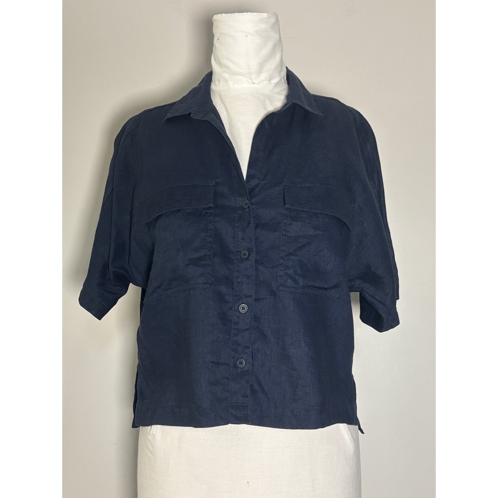 Uniqlo Women Navy Blue 100% Linen Short Sleeve Boxy Cropped Button Down Shirt XS